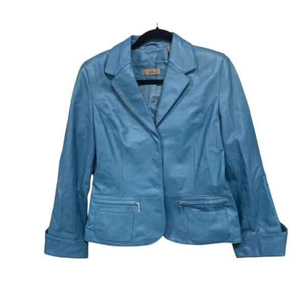 Womens Blue Leather Blazer Jacket 100% Genuine Leather Fully Lined Size M - Picture 1 of 6